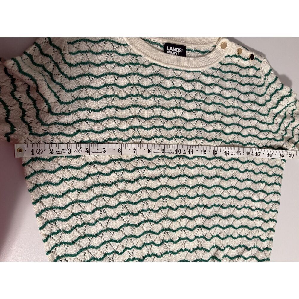 Lands’ End Cream & Green Striped Knit Sweater | Button Shoulder Crewneck - Picture 4 of 5